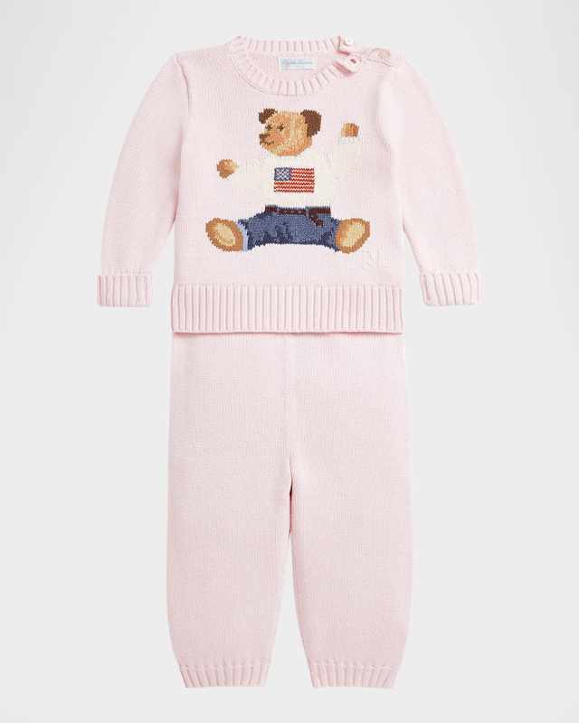 Girl's Flag Bear Intarsia Knit Sweater and Pants Set, Size 3